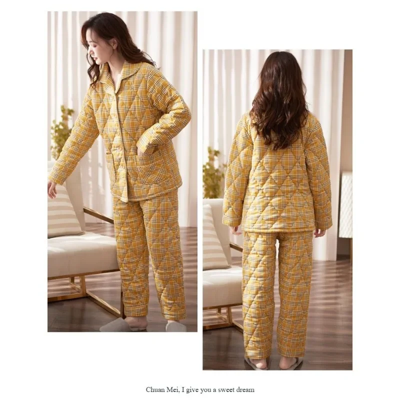 2024 New 100% Pure Cotton Padded Pajamas Women's Winter Thick Three-layer Warm Sleepwear Large Size Middle-aged Homewear Set