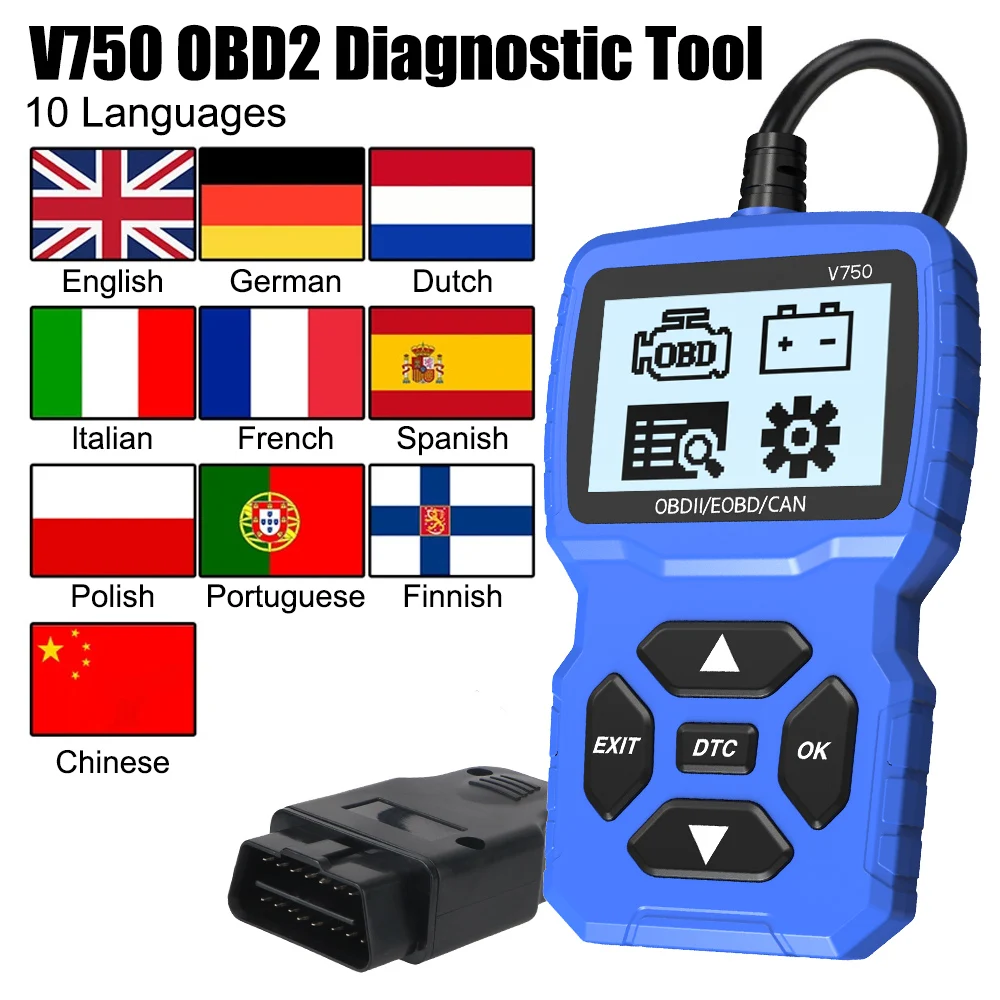 V750 Multi-language OBD2 Scanner Battery Tester Code Reader Check Engine System Car Diagnostic Tool Read Vehicle Information