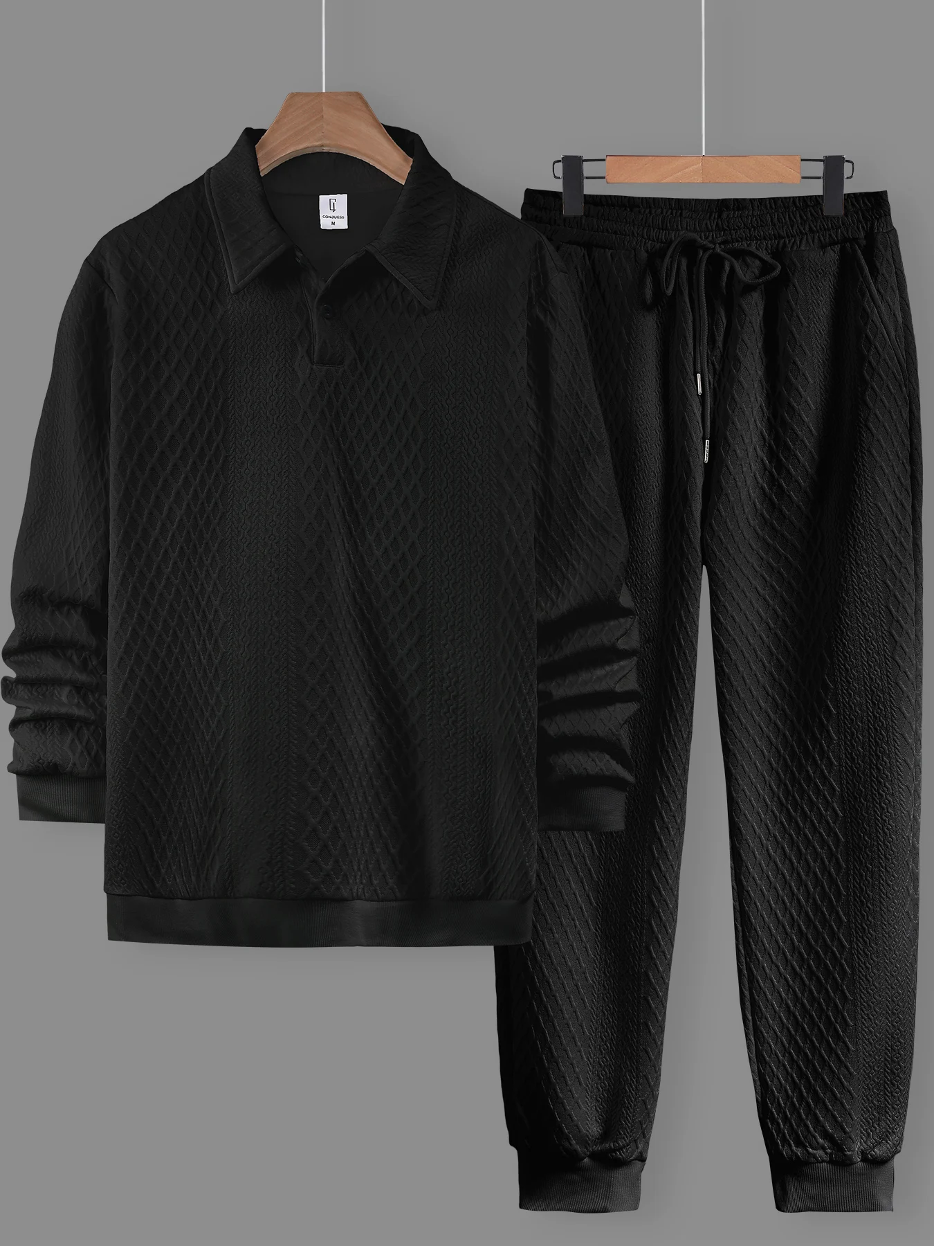 Men's Casual Loungewear, Premium Textured Polo Collar Top & Elastic Waist Tapered Pants