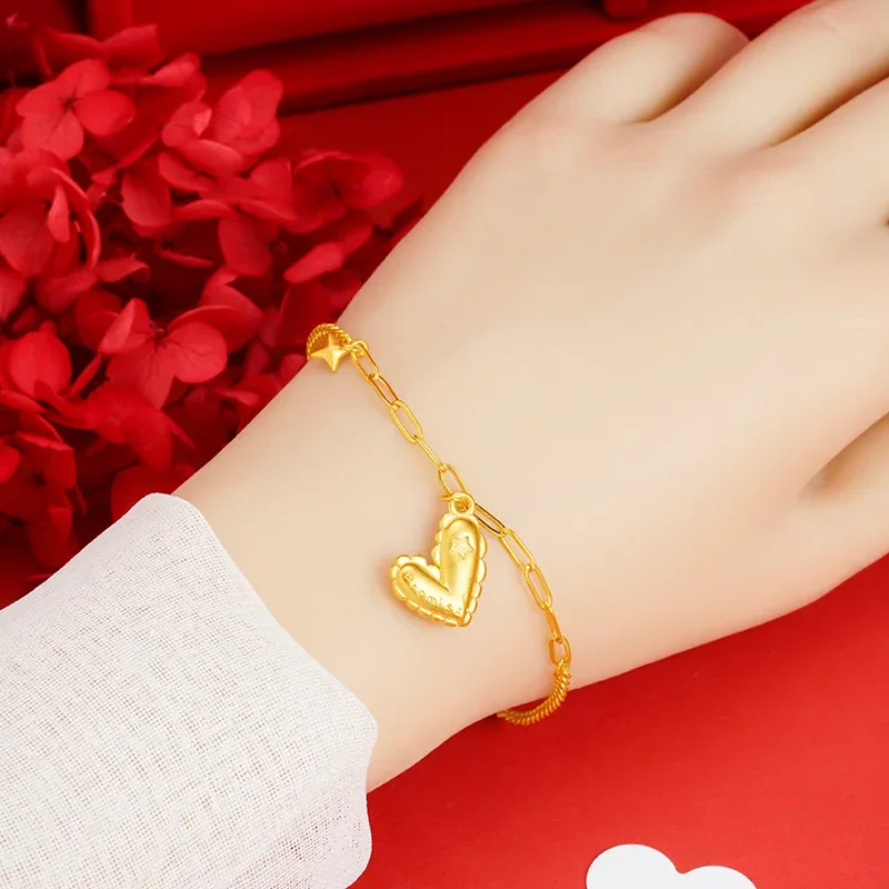 Pure 24k Gold Color Necklace Bracelet Bangle Exquisite Sweet Niche 3D Love Style Women's Bracelet Chain Jewelry Gifts