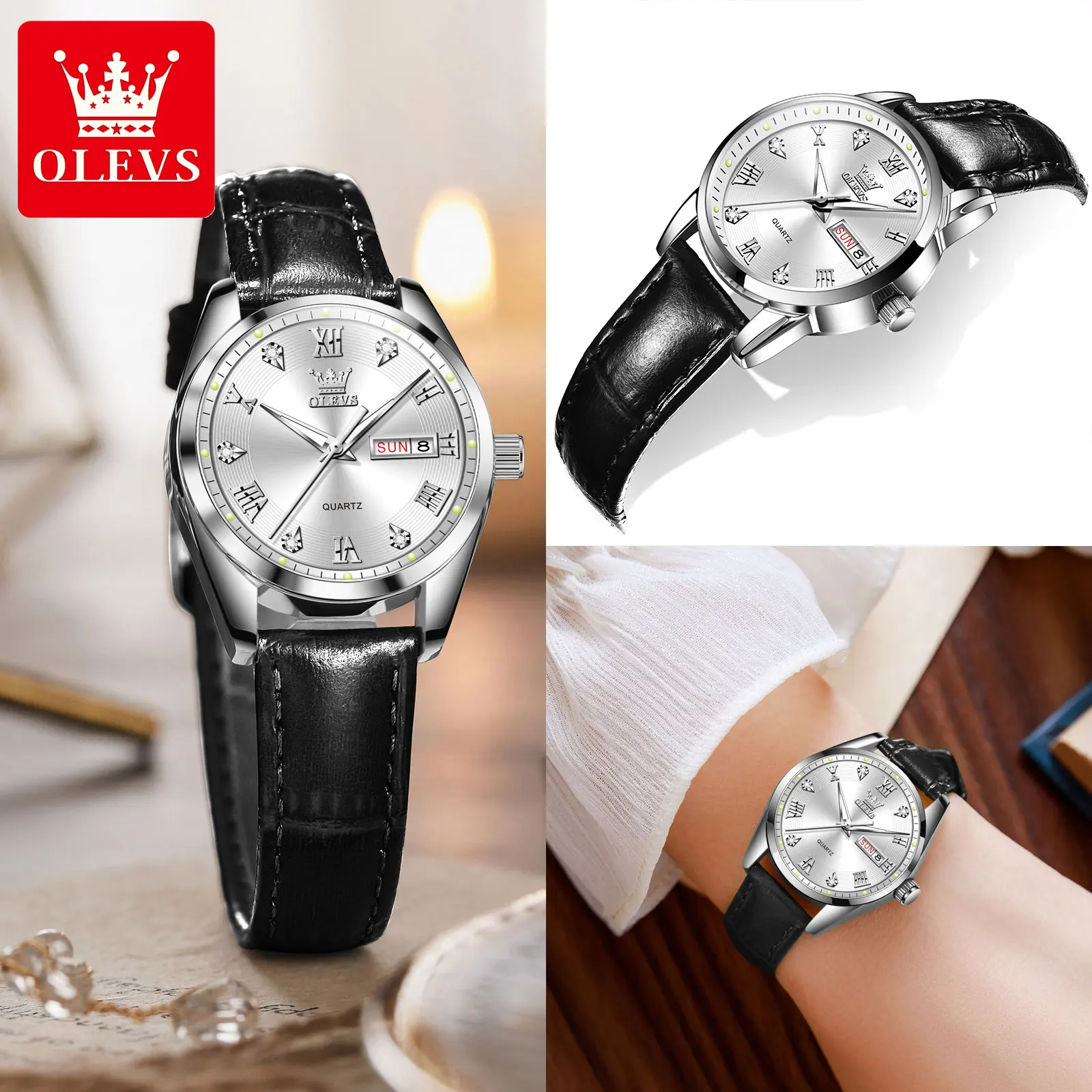 OLEVS Casual Fashion Leather Watches for Women Waterproof Calendar Luminous Lady Wrist Watch New Original Women Quartz Watches 3