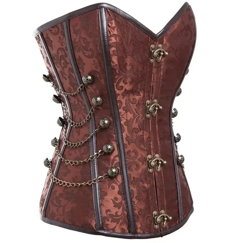 Steampunk Corsets And Overbust Leather Corset Steel Bone Spiral Tops Chain Gothic Vintage Pirate Bustiers Plus Size Black Brown
