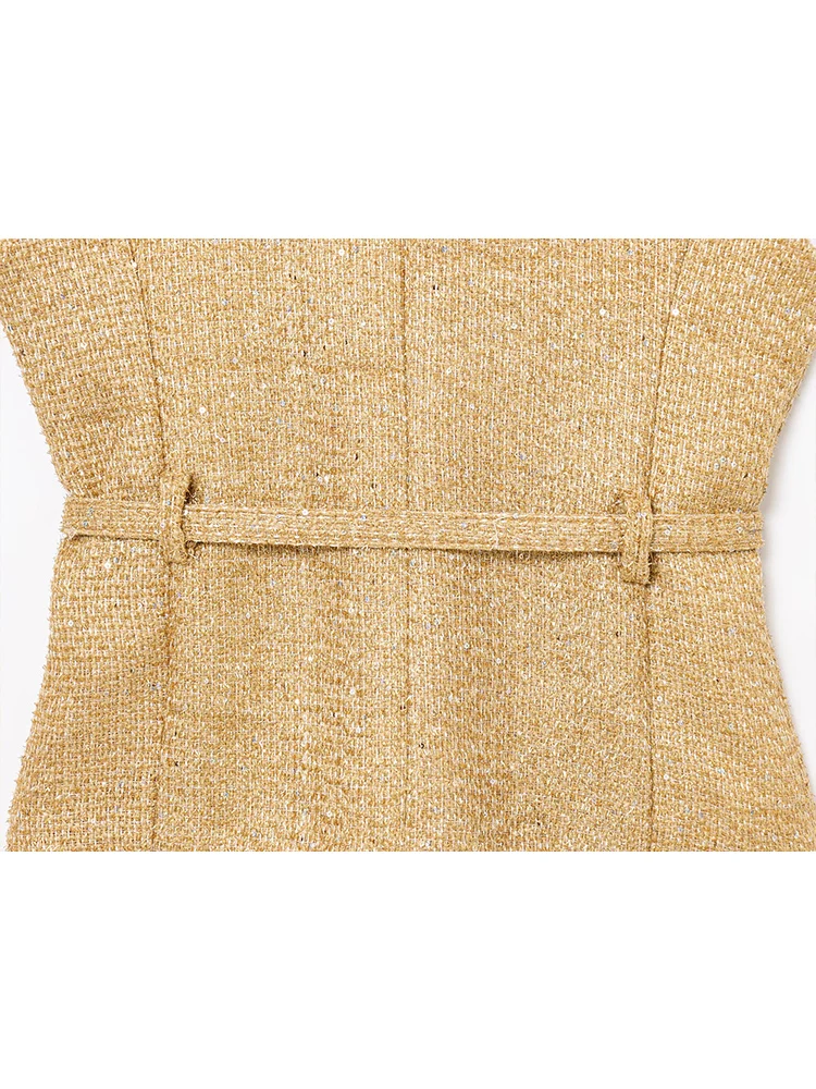 TFMLN New Women Sequin Tweed Vest With Belt Vintage Fashion O Neck Single Breasted 2025 Spring Sleeveless Waistcoat Chic Tops