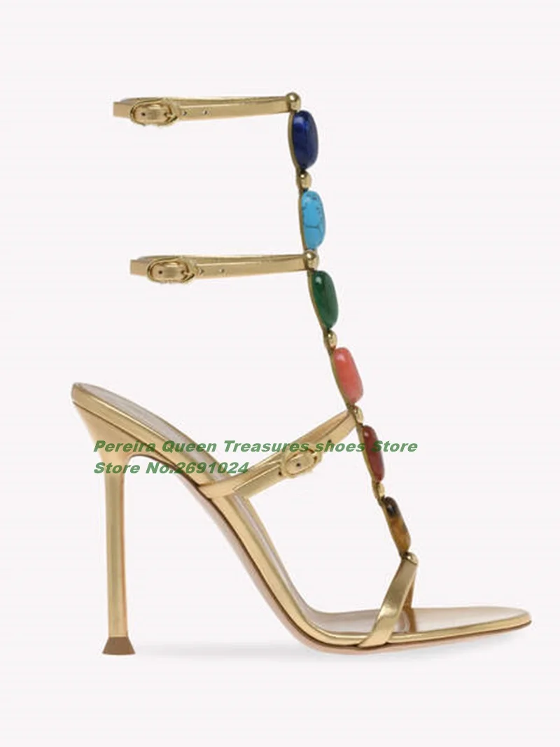 Open Toe Slingback Buckle Women's Sandals Colorful Gemstone Thin Heels Sandals Summer Elegant Party Runway Shoes Plus Size women slingback sandals,women high heels shoes,women dress shoes