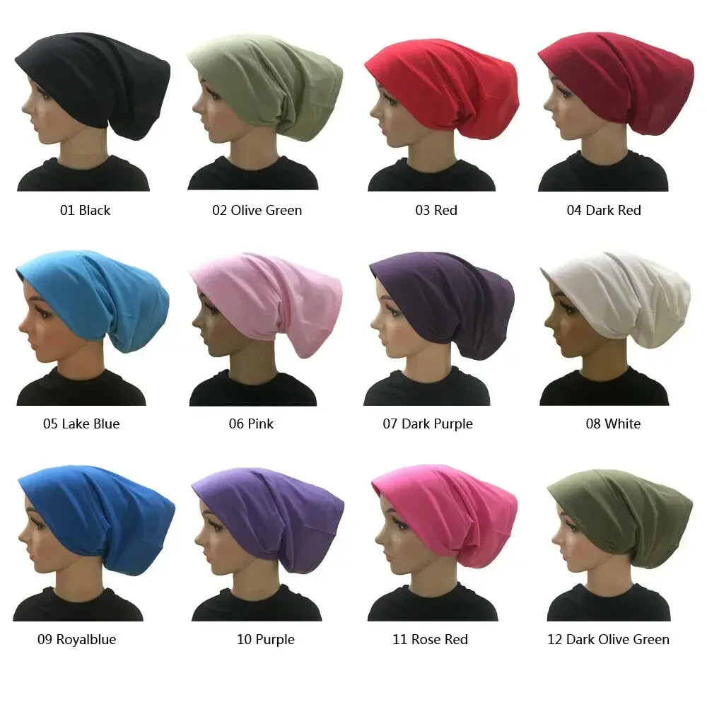 Plain Muslim Women Cotton Underscarf Bonnet Inner Cap Chemo Tube Head Scarf Cover Headwrap Brim Hat Arab Islamic Middle East 2