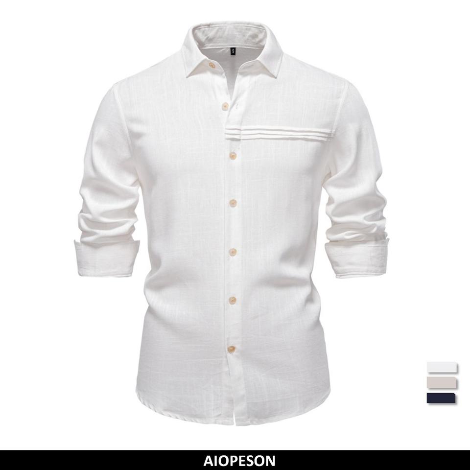 2025 New Design Men's Solid Color Linen Long Sleeve Shirt - Casual Button-Down Collar Shirt for Men