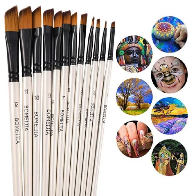 12pcs Oil Acrylic Flat&tip Kit Pen Art Supplies Artist Watercolor Painting Brushes Paint Brush For Nylon Paint Brushes