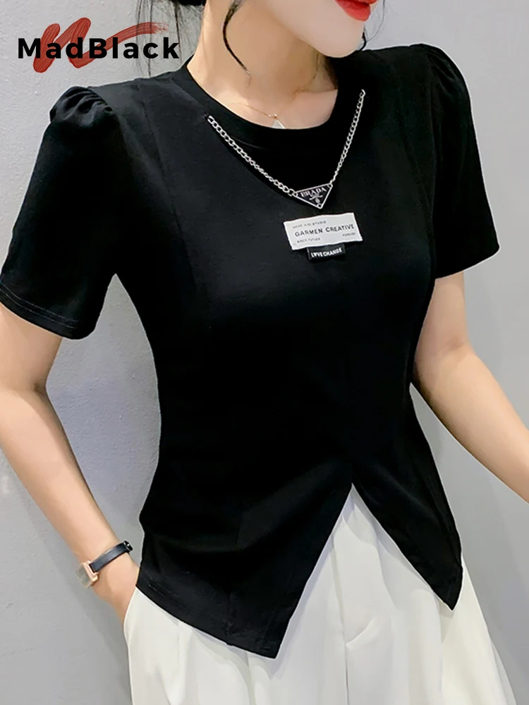 

MadBlack Summer European Clothes Slit T-Shirt Women Chain Design Slim Cotton Tops Short Sleeve Slim Tees 2023 New T34702X