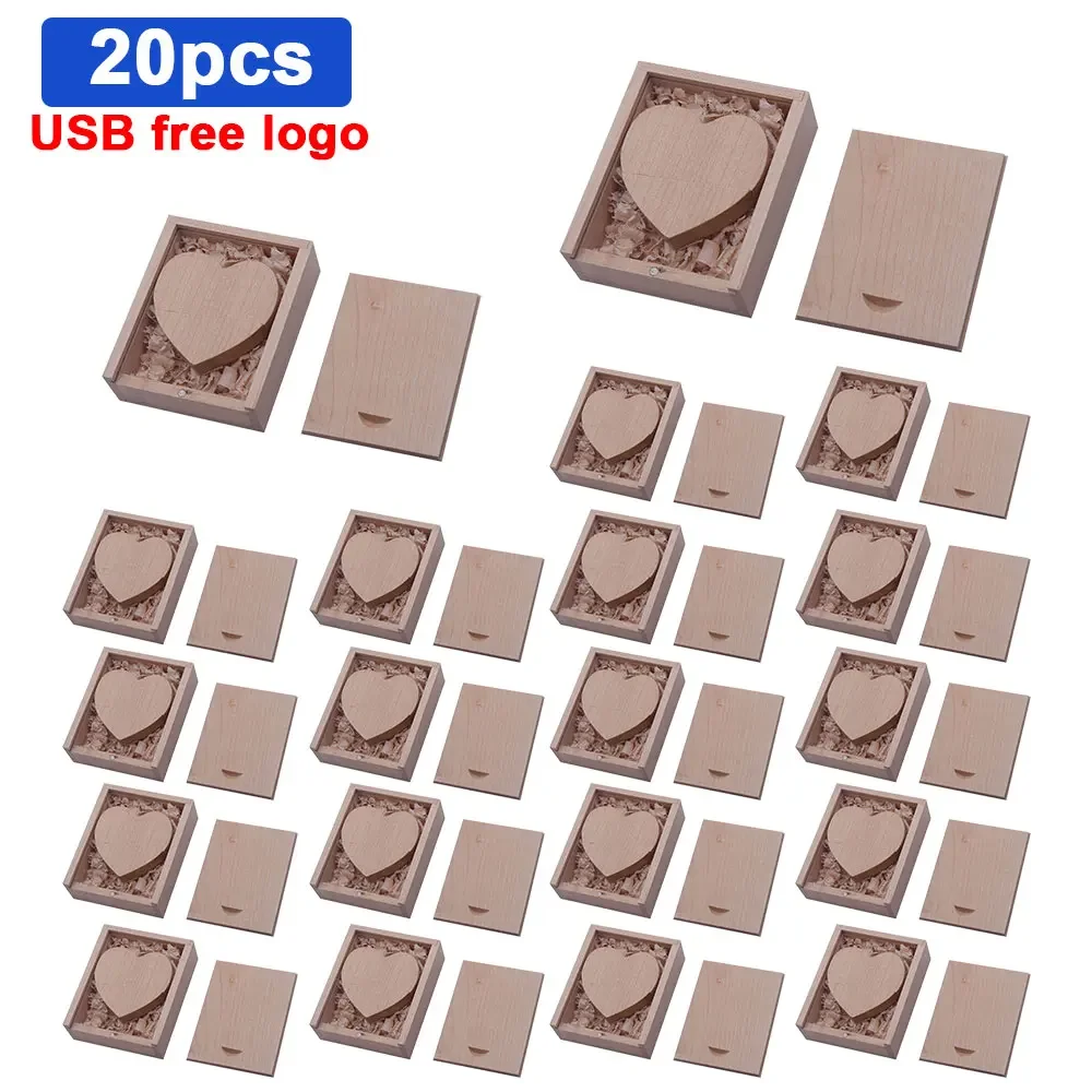 나무 USB 및 박스 플래시 드라이브 펜드라이브, 사진 결혼 선물용 메모리 스틱, 4GB, 8GB, 16GB, 32GB, 64GB, 로트당 20 개 (무료 로고)
