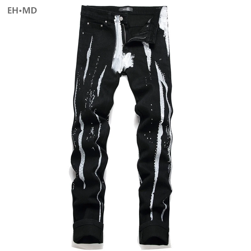 

Worn Embroidery Jeans Men Splash Ink Soft 3D Hollow Long Pants Hip Hop Motorcycle Style Repair Tall Street Pure Cotton Red Ear 2