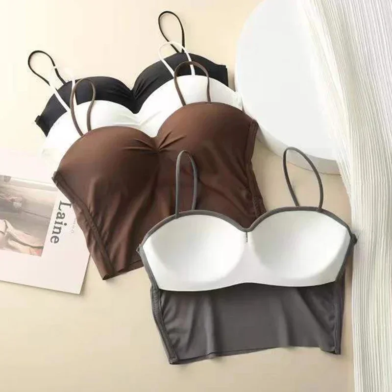 Spaghetti Strap Ice Silk Camisole for Women Solid Push Up Crop Tops With Chest Pad women tank tops lace camisole tops