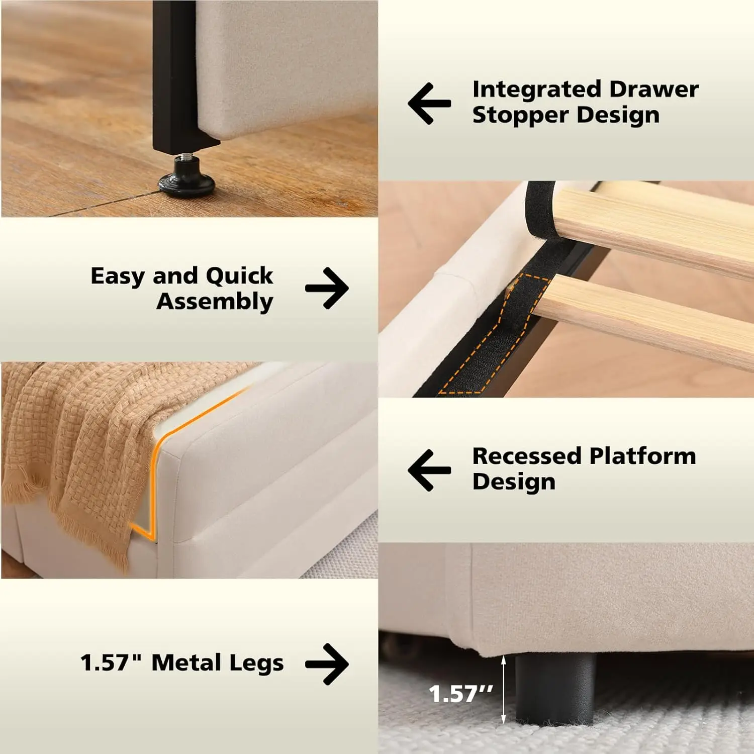 Queen Size Upholstered Platform Bed with Tall Headboard and Footboard, 2 Side Storage Drawers, Modern Beige Fabric Bed Frame