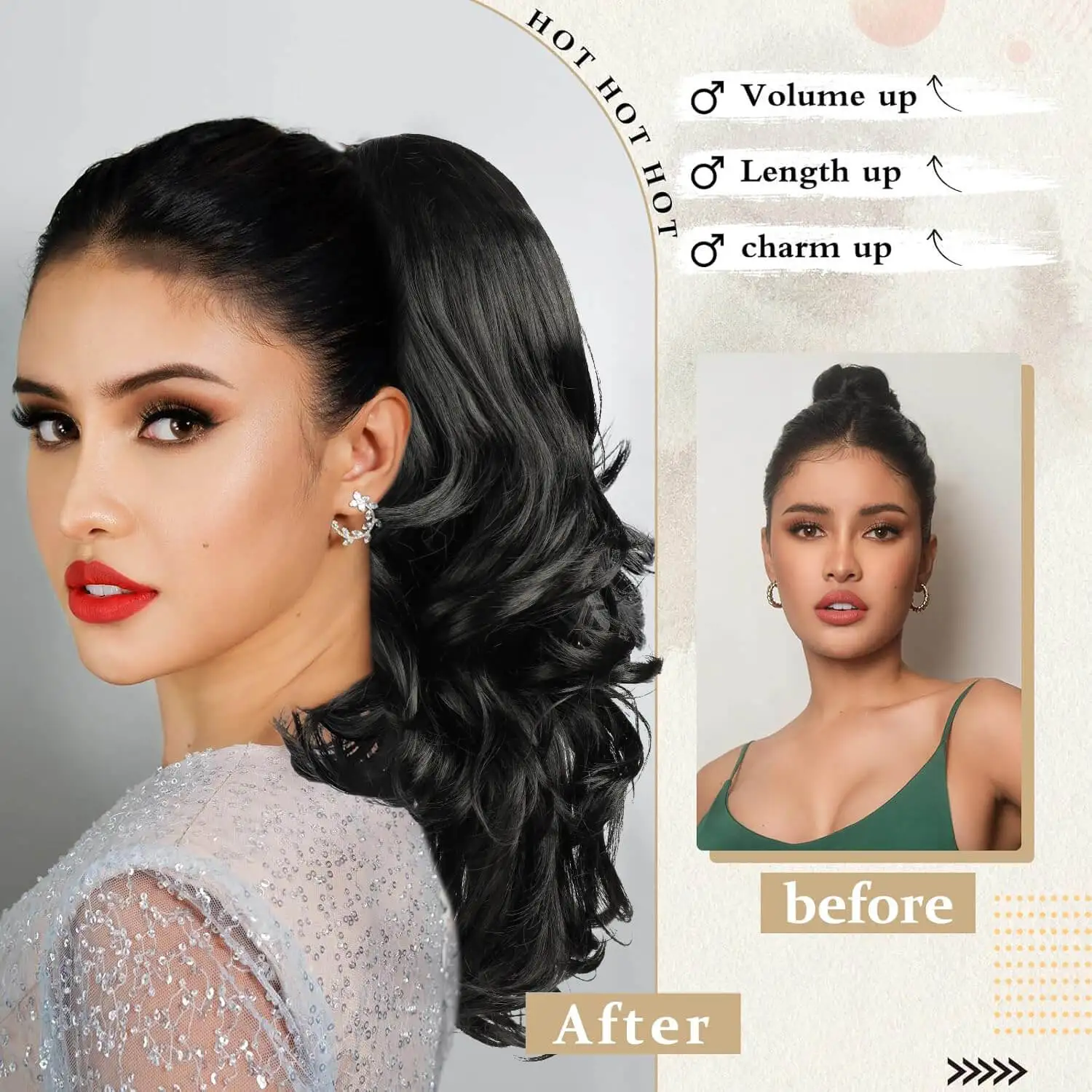 16 Inch Synthetic Curly Wave Claw-On Ponytail Wavy Body Wave Hair Extension Clip Realistic Quick Hair Style Change