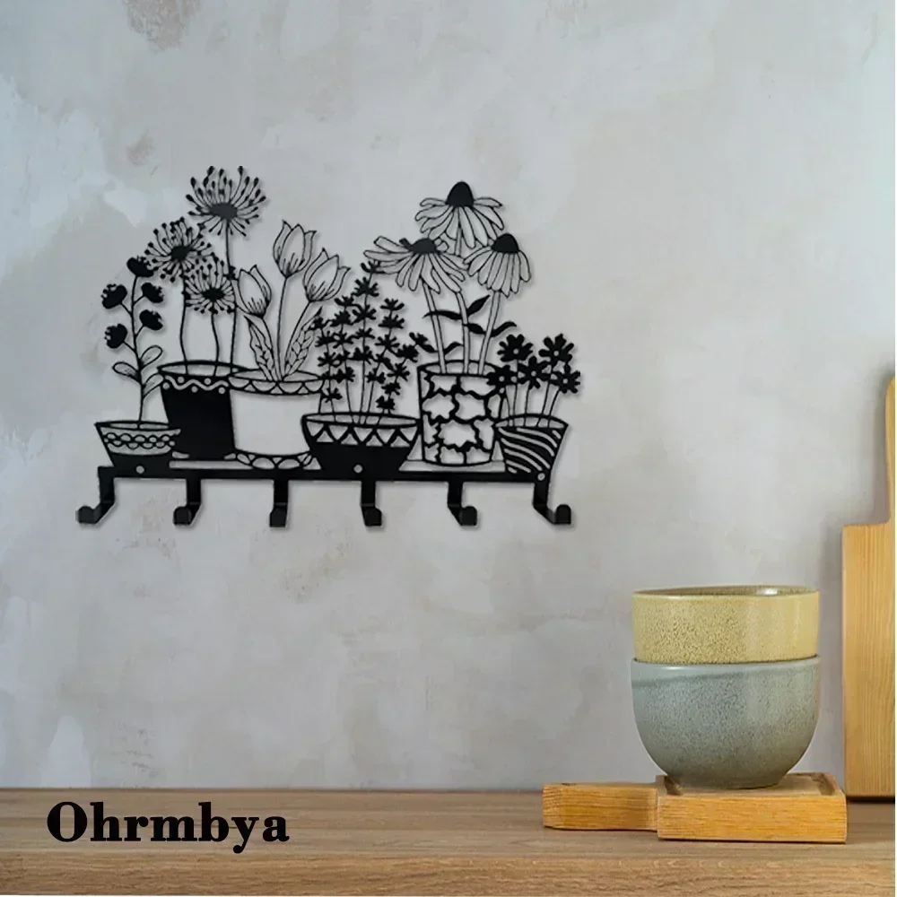 1pc Metal Wall Mounted Hanging Holder, Black Flower Vase Key Holder, Coat Hanger With 6 Hooks key hanger，Iron Art, Wall Sticker 5