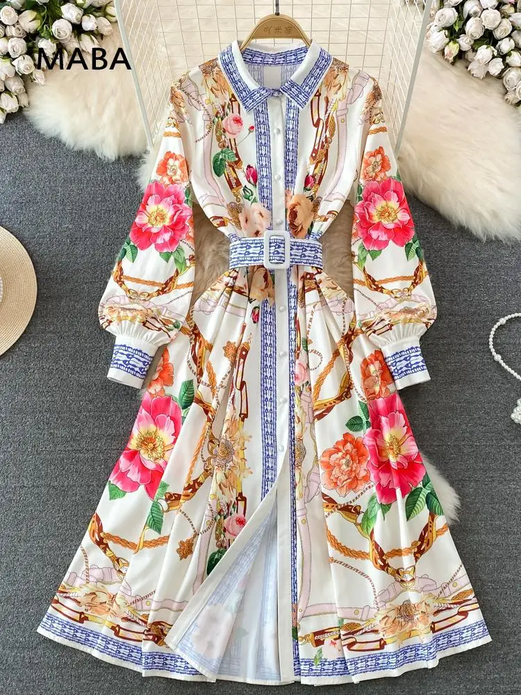 

Spring Autumn New Female Turn Down Collar Long Sleeve Slim Button Belt Vintage Elegant Floral Luxury A-line Dress Runway Dress