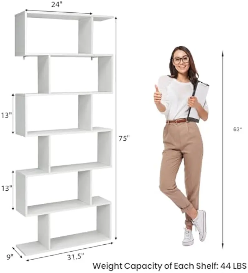 6 Tier Geometric Bookcase, S Shaped Bookshelf, Book Shelf Room Divider, Wood Freestanding Display Shelves, 75 Inch Staggered