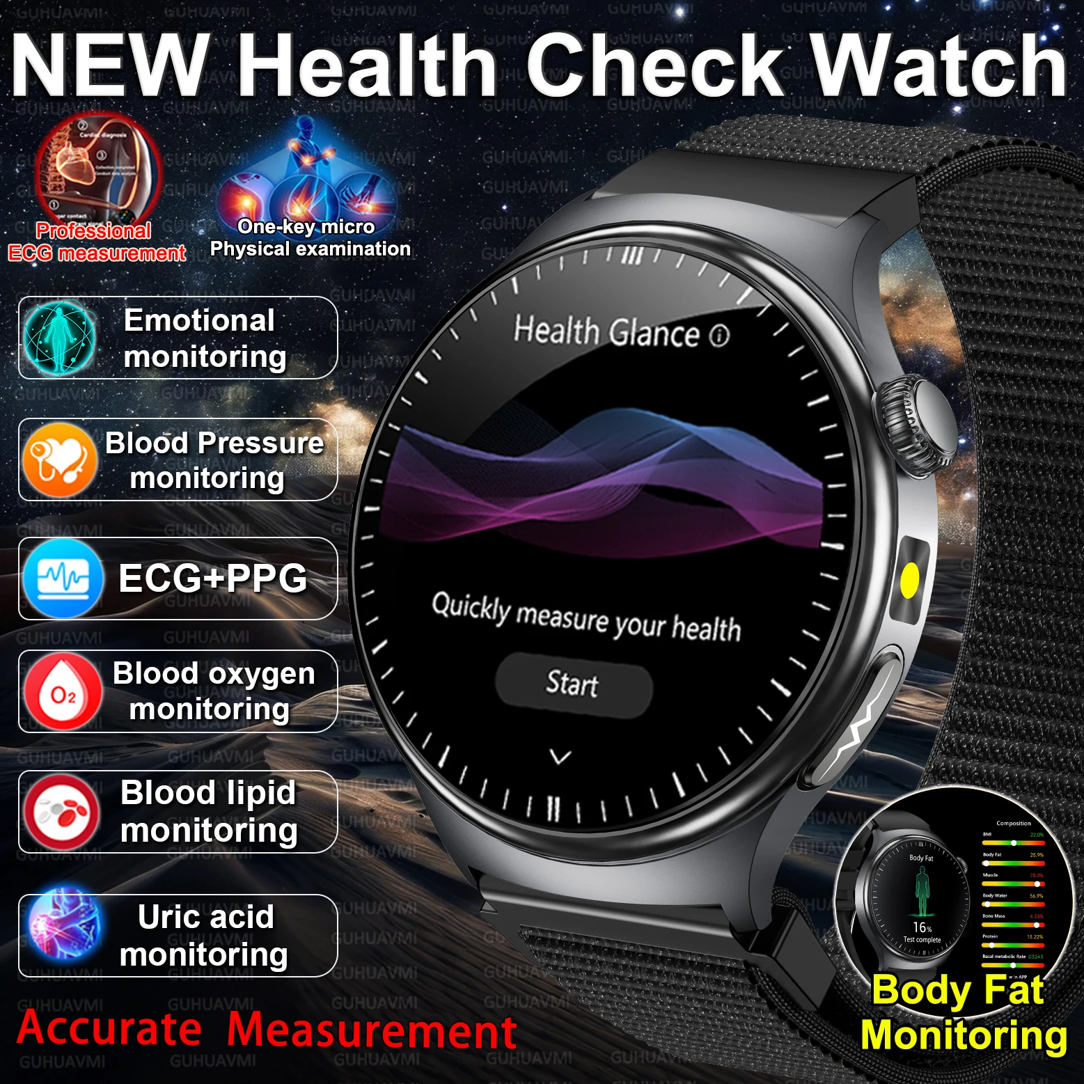 2026 NEW Professional Health Watch ECG+PPG Body Blood Lipid Blood Pressure Uric Acid Health HD Call Flashlight Smart Watch Men 1