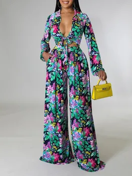 Seun Floral Print Crop Top and Wide Leg Pant