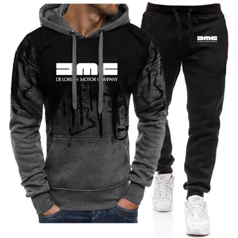 2023New Men's Delorean Motor Company Printing Hooded Sweater Gradient High Quality Hoodies + Casual Sweatpants 2-Piece Set