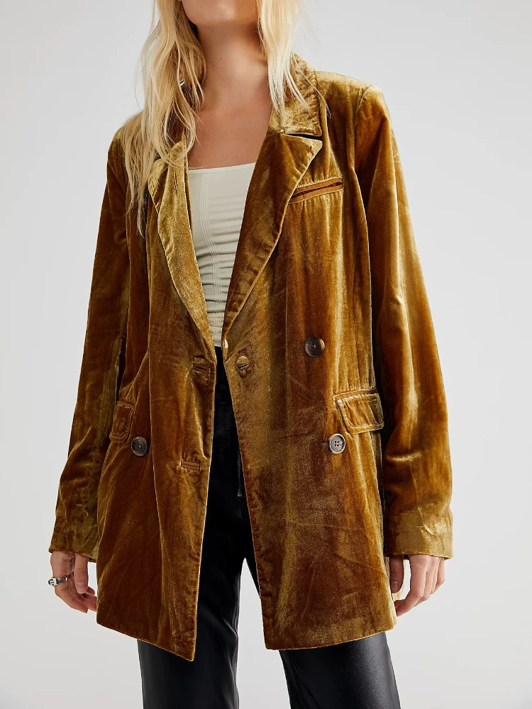 

2022 Velvet Blazers Coat Fashion Streetwear Lapel Split Tall Tops Long Sleeve Button Chic and Elegant Woman Jacket for Women