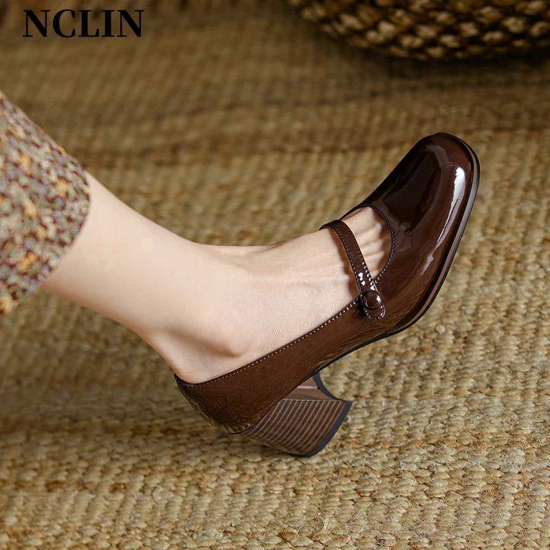 

2024 New Patent Leather Mary Jane Women's Shoes LEISURE Buckle Shallow Pumps Square Toe Thick Heel Shoes Woman Zapatos De Mujer