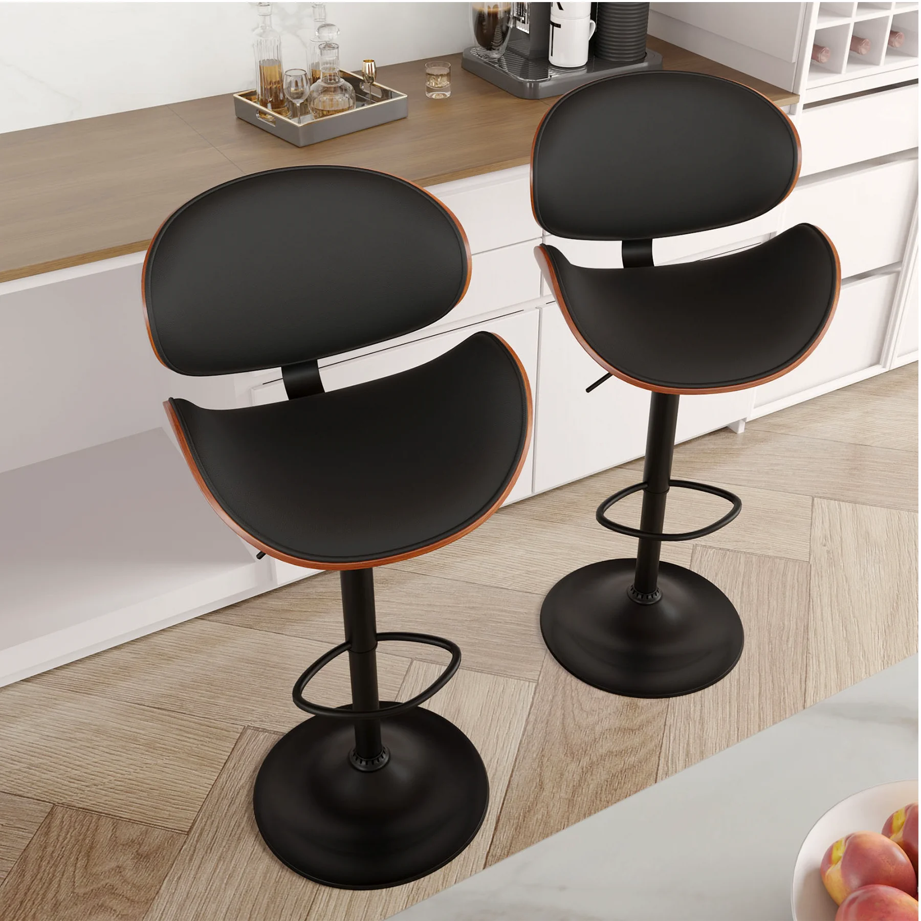 Rotating Bar Stool 2-Piece Set with Backrest and Footstool, Pu Leather Cushion Counter Height Bar Chair for Kitchen and Restaurant
