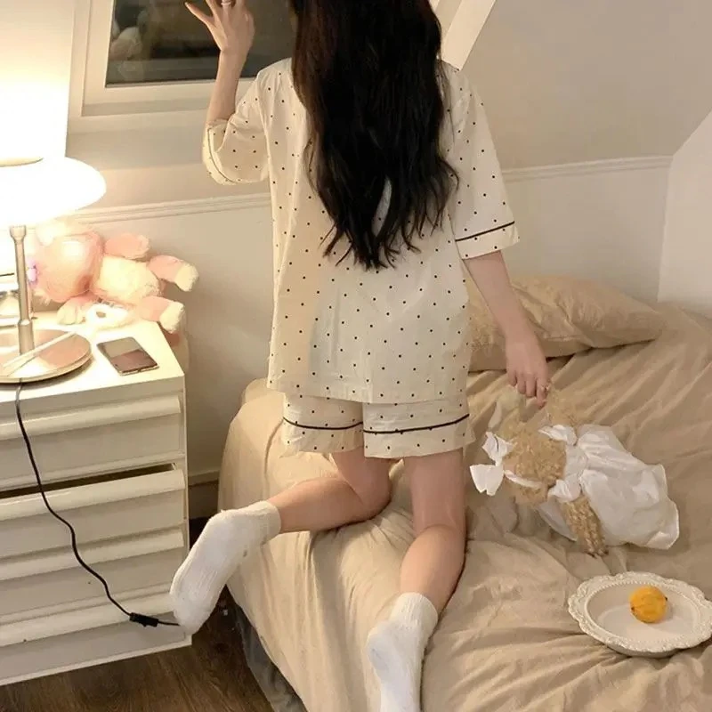 Women's Pajamas Set Button Down Top & Shorts 2 Pieces Sleepwear Notched Collar Nightwear Loungewe New Leisure Wave Point Japan
