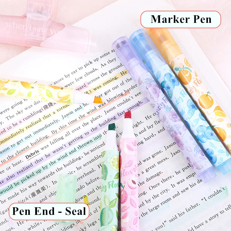 Creative Fruit Scented Soft Tip Highlighter Pens with Stamp for DIY Journaling Note-taking