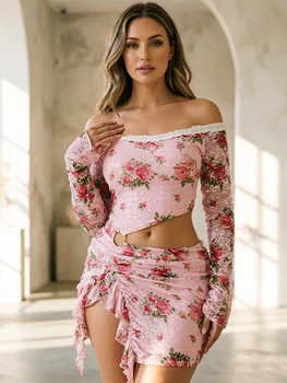 Summer New Women's Mini Dresses Streetwear Fashion Pink Sexy Print Long Sleeves Casual Slim Dress Sexy Hollow Out Backless Dress 1