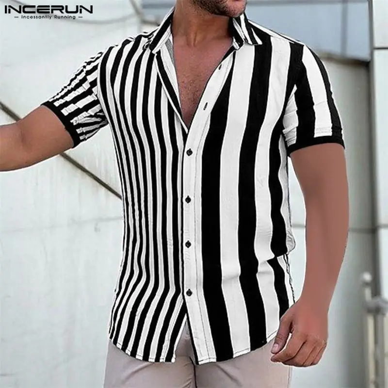 

2024 Men Shirt Striped Patchwork Lapel Short Sleeve Streetwear Men Clothing Summer Fashion Casual Male Shirts S-5XL INCERUN