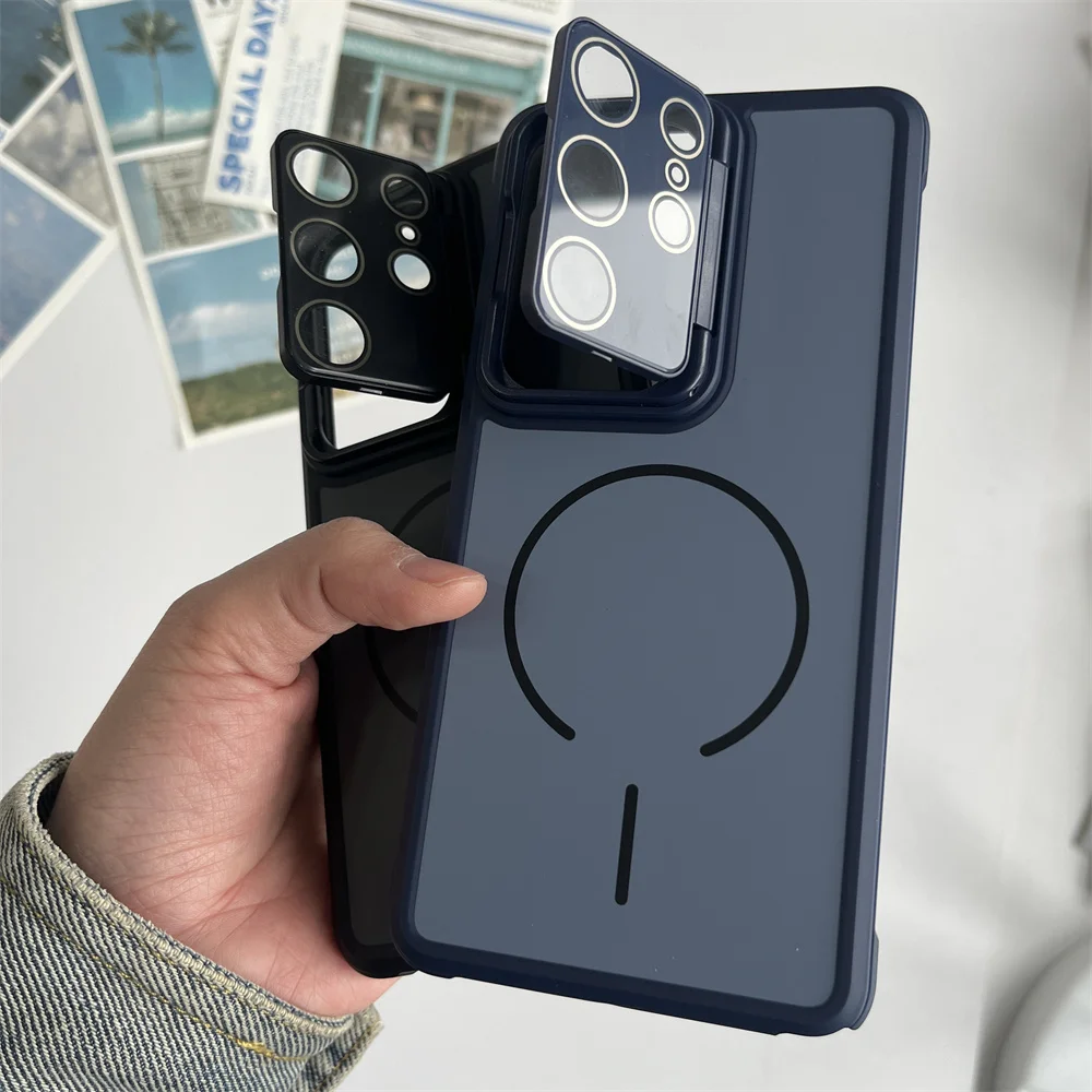 Volle Körper Objektiv Flip Stand Magnetische Matte Telefon Fall Für Samsung S26 S25 Rand S24 Plus s25 FE S23 Ultra für Magsafe Zurück Abdeckung