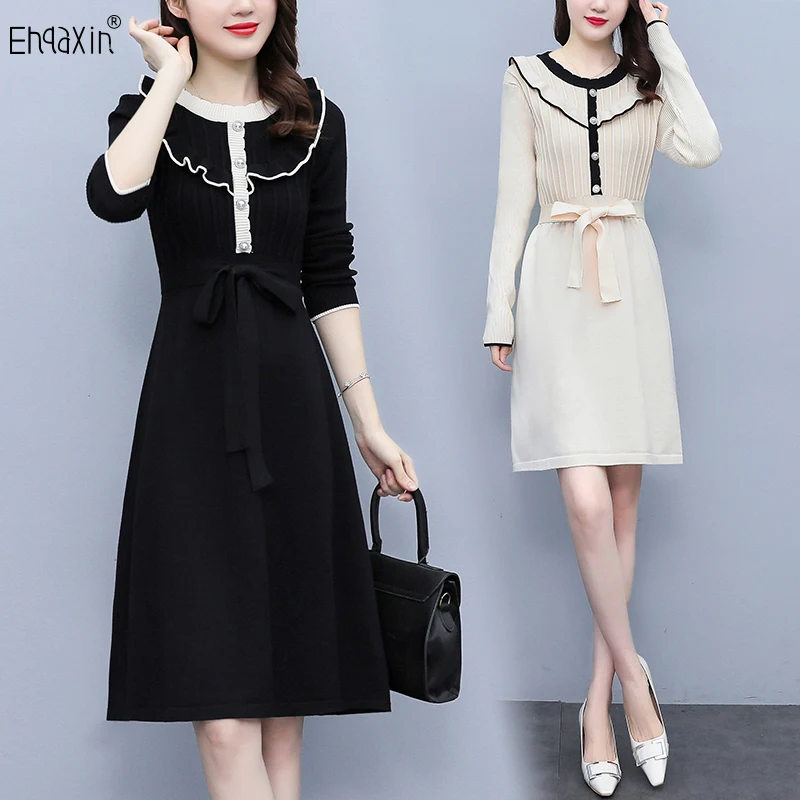 

EHQAXIN 2023 Autumn Winter Women's Knitted Dress Fashion New Elegant Wooden Ear Button A-Line Pleated Lace-Up Dresses XL-4XL