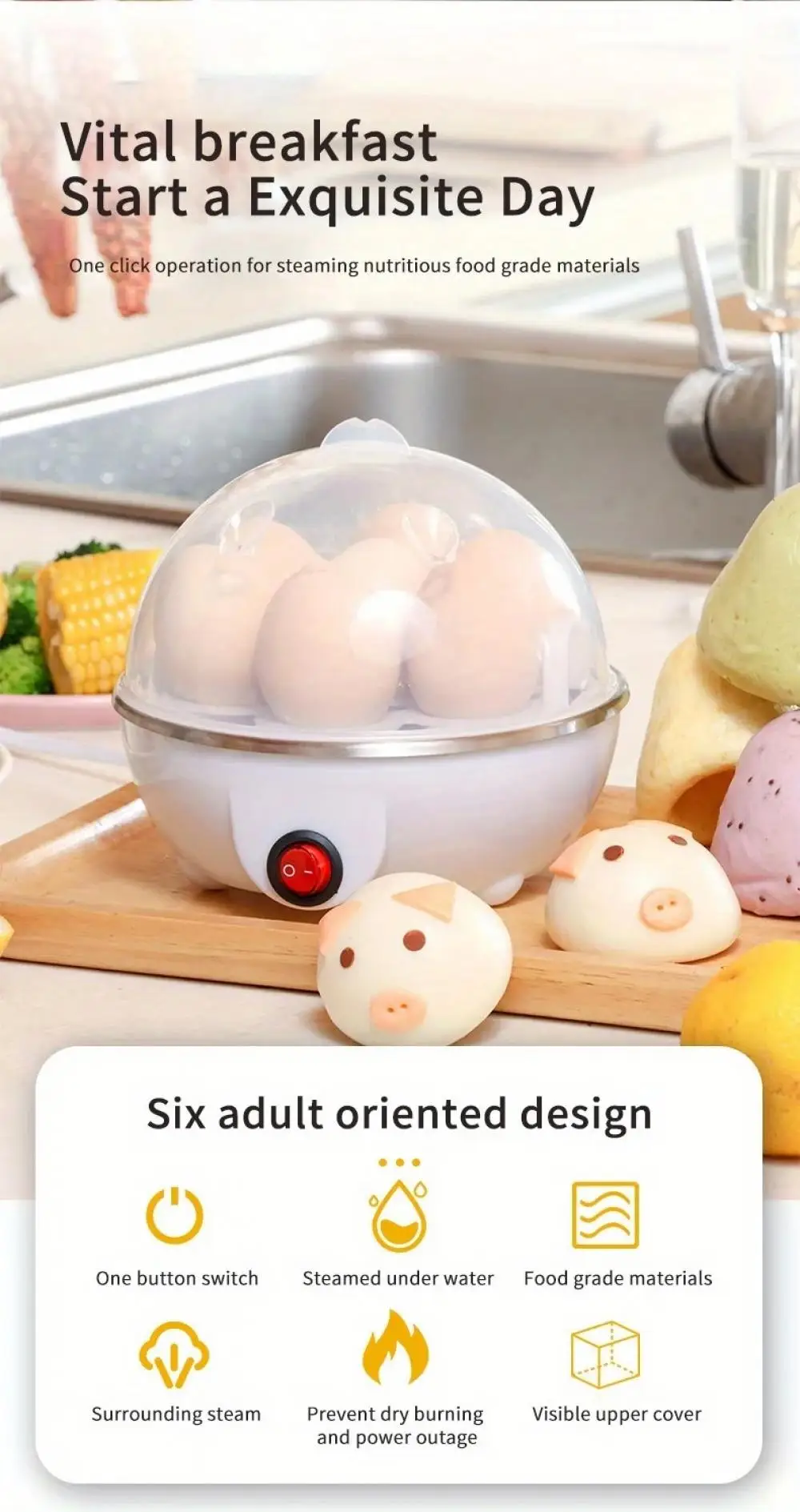 Description Picture 6 of itemMultifunction Egg Boiler Automatic Power-Off Electric Egg Cooker Single Egg Steamer Kitchen Steamed Breakfast Cooking Appliances