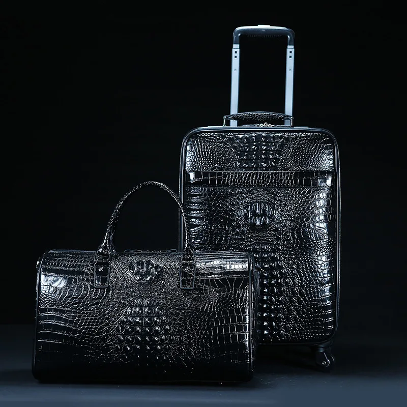 Valise de voyage en cuir véritable à motif crocodile pour homme, valise à roulettes, étui d'embarquement, sac à main SR, première couche, cuir de cercle