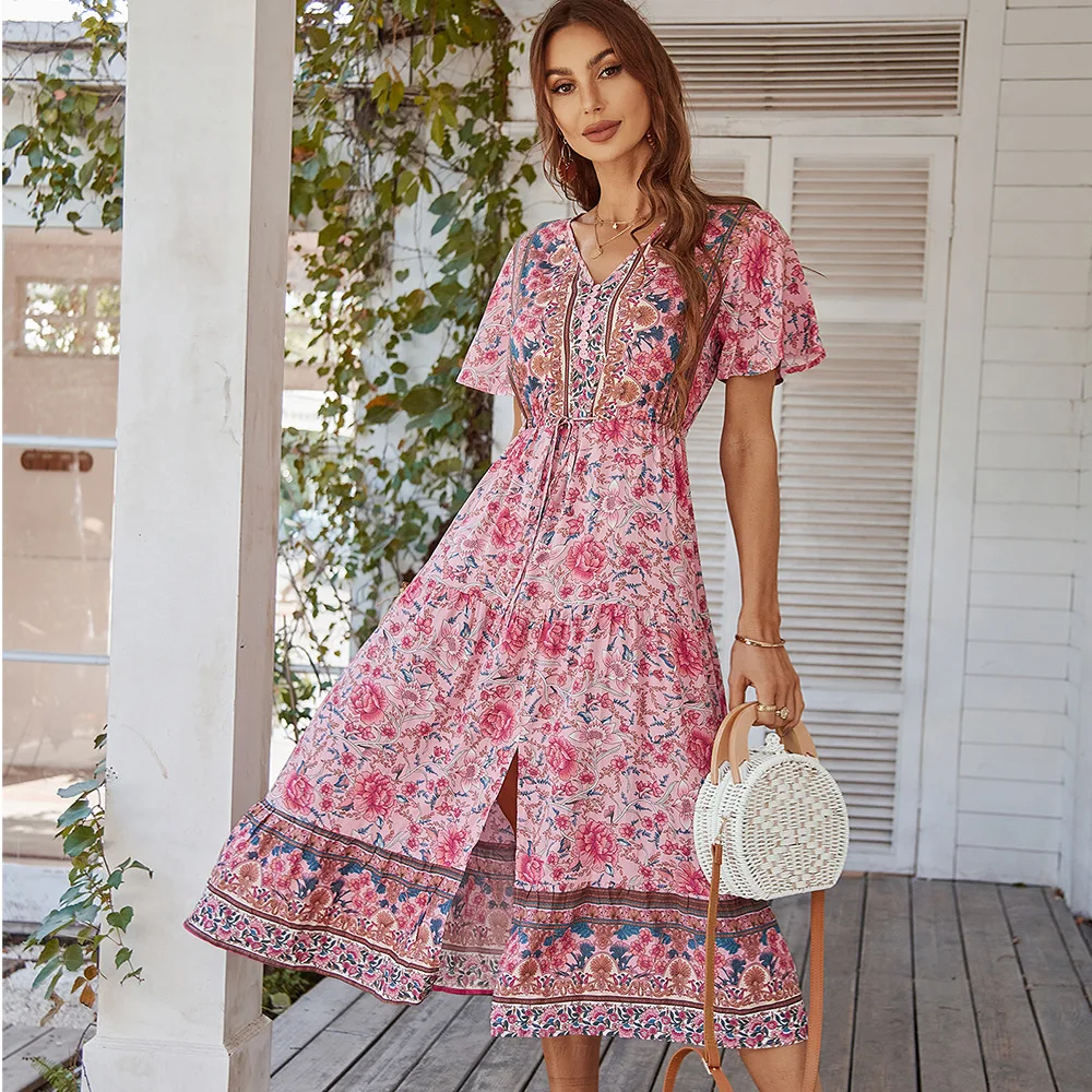 

Printed Flower V-neck Dress Women Short Sleeve Dress Korea Summer Dress Casual Elegant High Waist Dress Vestido Mid-Calf Dress