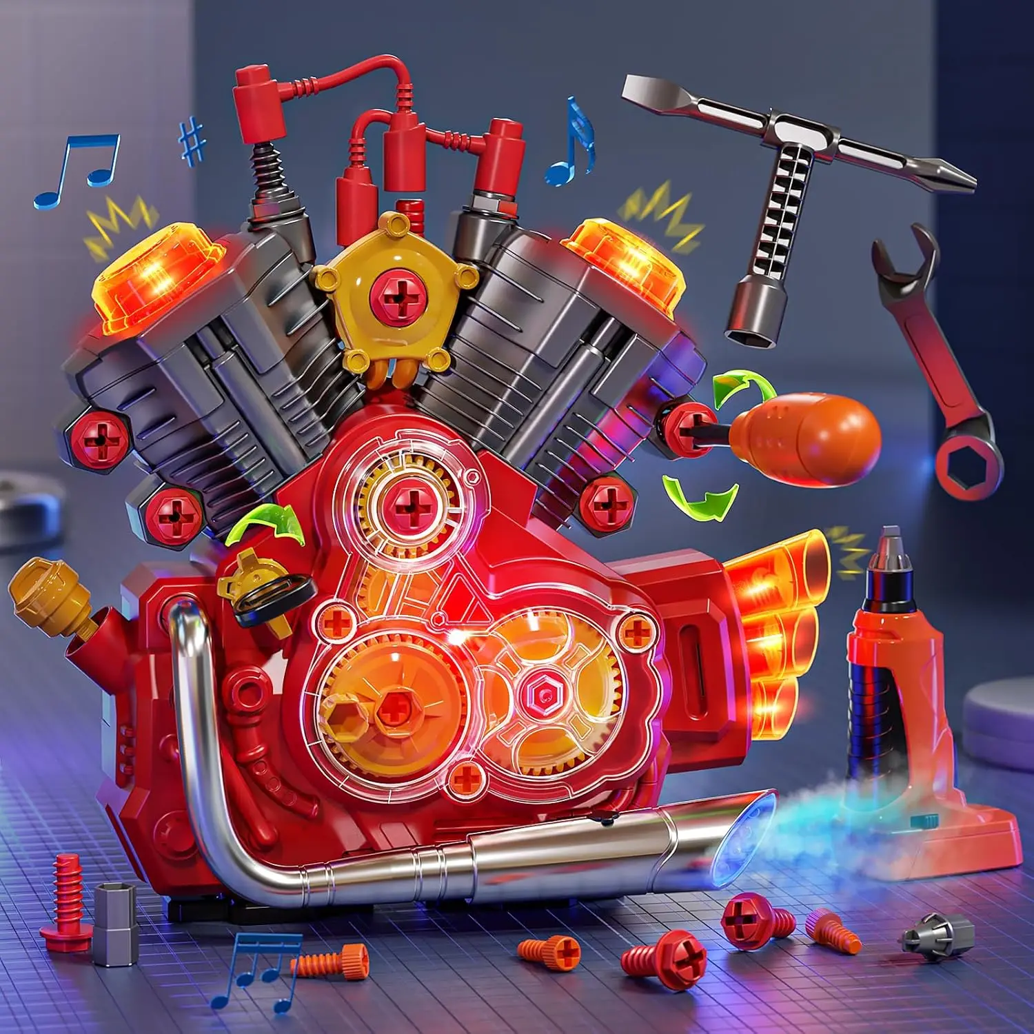 STEM Engine Building Kit for Kids – Light Sound & Spray Motorcycle Model | LearnCraftyKit