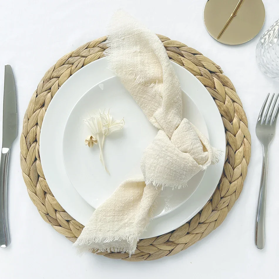 Reusable Cotton Wedding Napkins - 10pcs Green Trim Rustic Party Decor