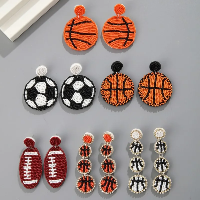 

European and American Creative Bohemian Ball Fabric Rice Bead Earrings Female Hand-stitched Football Basketball Rugby Jewelry