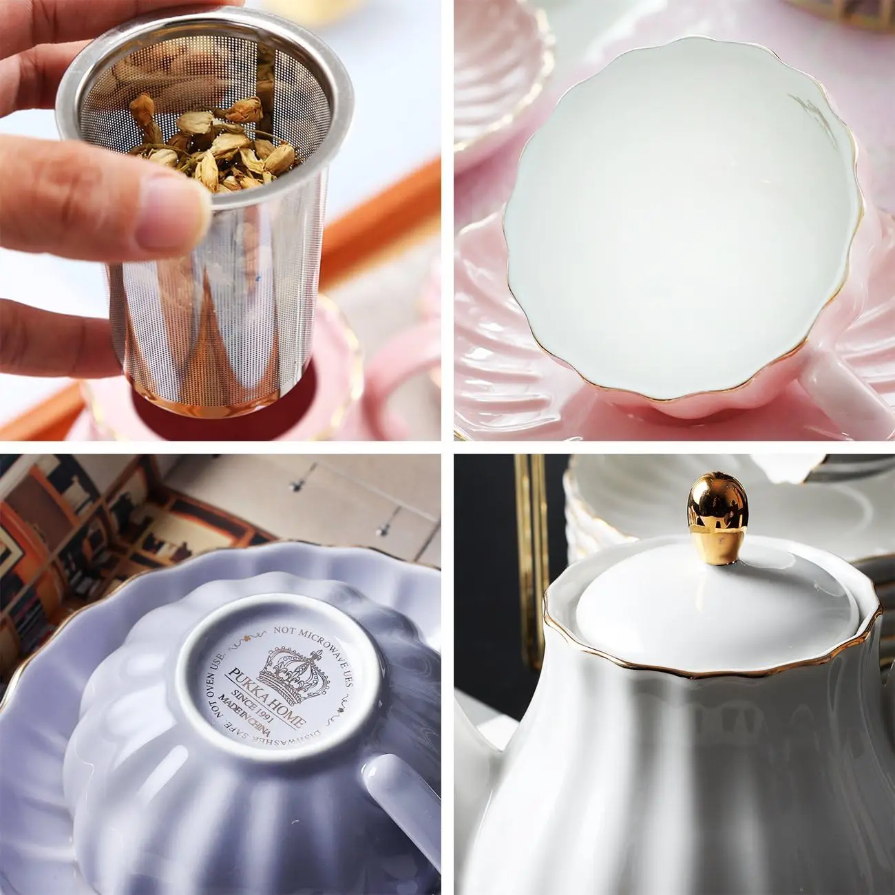 Porcelain Tea Sets British Royal Series, 8 OZ Cups& Saucer Service for 6, with Teapot Sugar Bowl Cream Pitcher Teaspoons