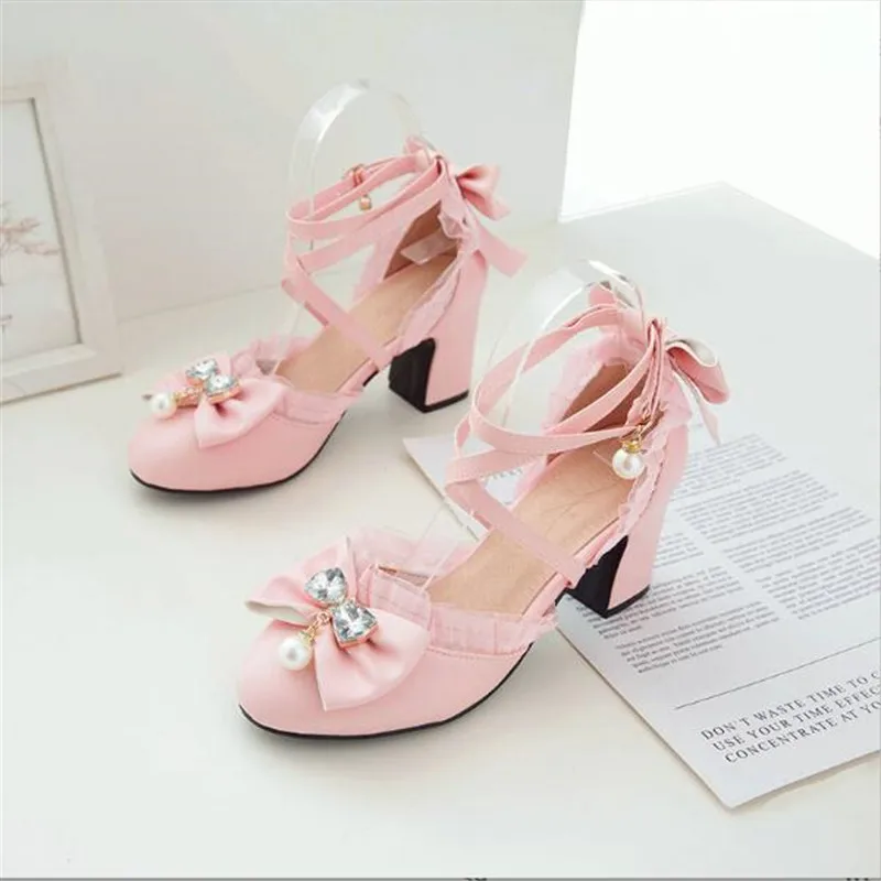 Girls High Heels 2023 Ladies Heels Sandals Sweet Bow Lace Princess Mary Jane Lolita Shoes Party High Heel Women Pumps Pink