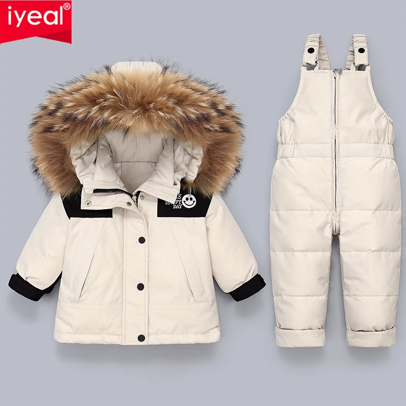 

IYEAL 2023 Winter Down Jacket Jumpsuit Baby Boy Parka Real Fur Girl Snowsuits Children Clothing Set Toddler Thick Warm Overalls
