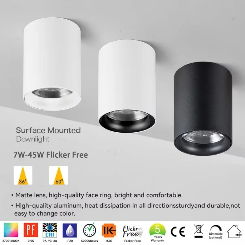 표면 장착형 LED COB 스팟 조명 7W-50W 디밍 가능 다운라이트 화이트 블랙 알루미늄 천장 조명 IP44 36 ° 60 ° 홈 호텔용
