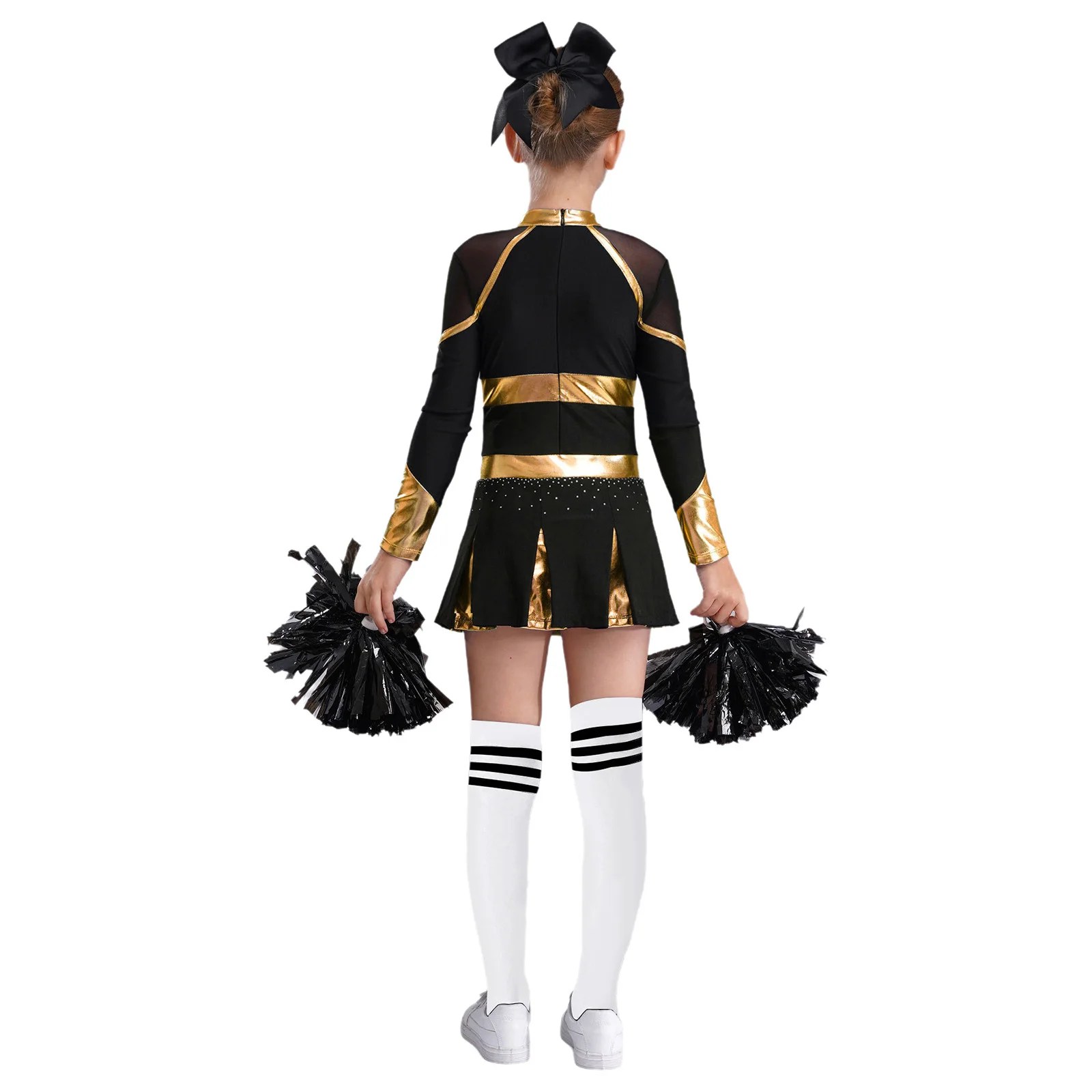 Kinder Mädchen Cheerleader Kostüm Musical Cheerleading Uniform Schulmädchen Glitzerndes Strass Metallic Langarm Plissee Kleid – Detail 11