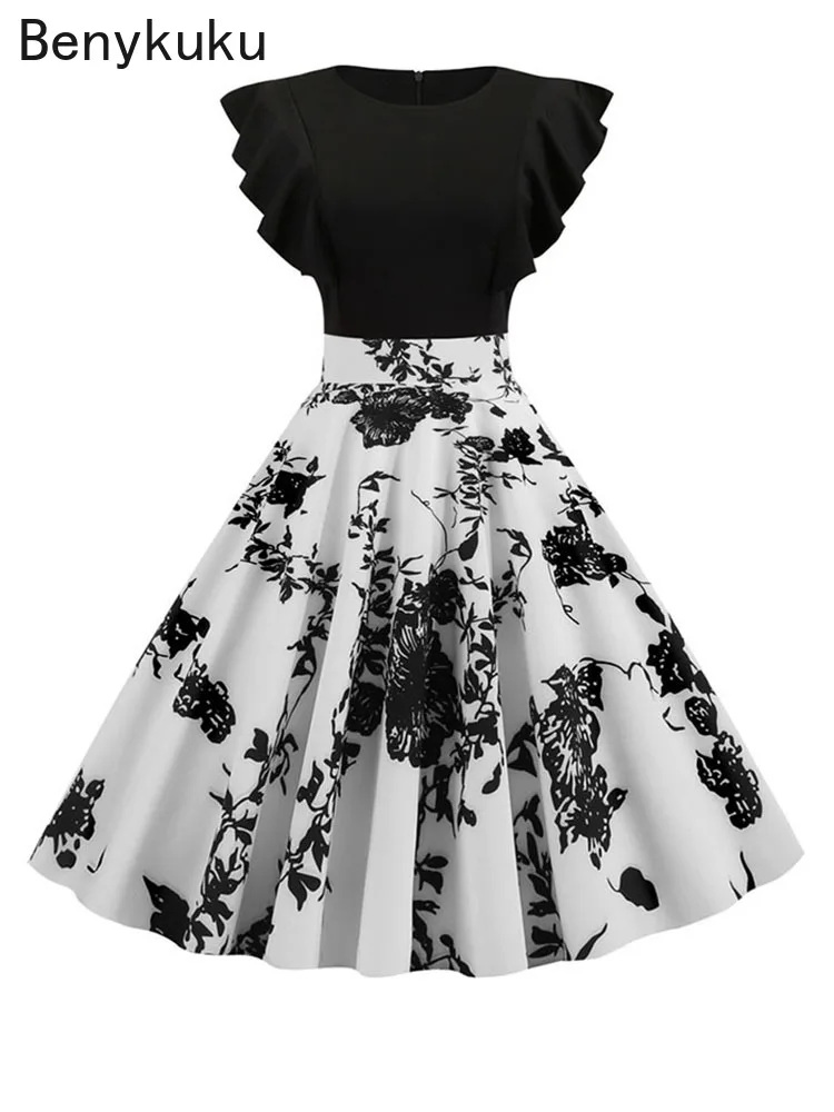 

Black White Floral Print Patchwork Summer Dress Women 2024 Petal Sleeve Dot Vintage Dress Robe Casual Rockabilly Party Vestidos