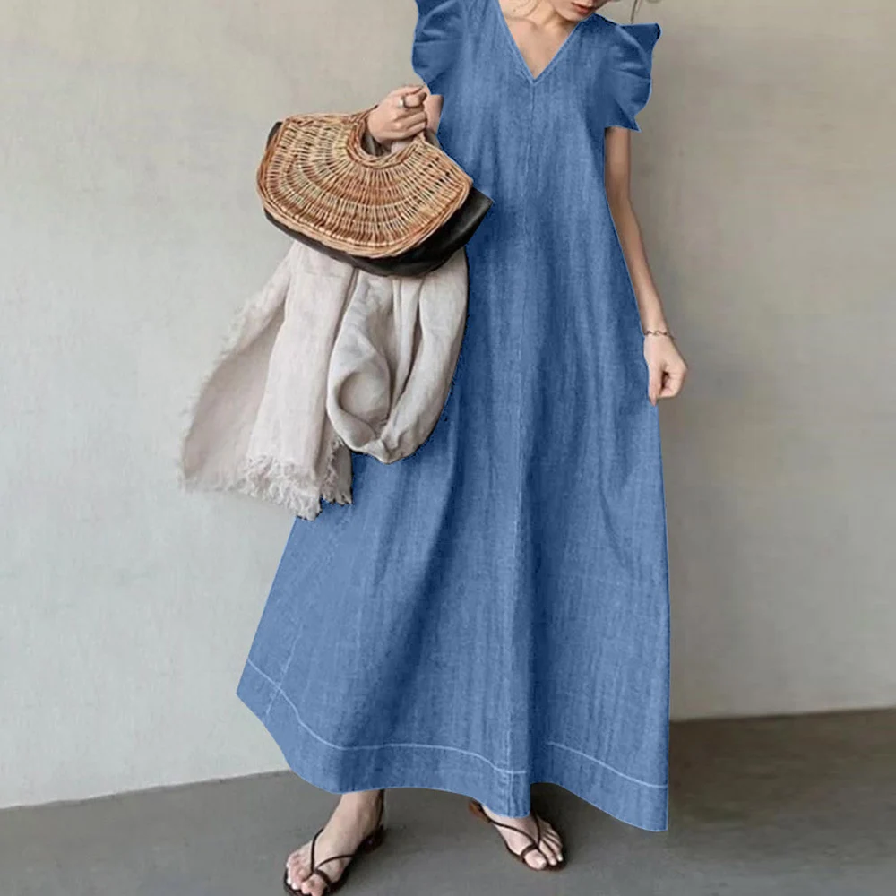 

Holiday Leisure Ruffled A-line Dress Summer Women's New V-neck Tank Top Fashion Robe Women's Denim Elegant Bohemian Long Dress