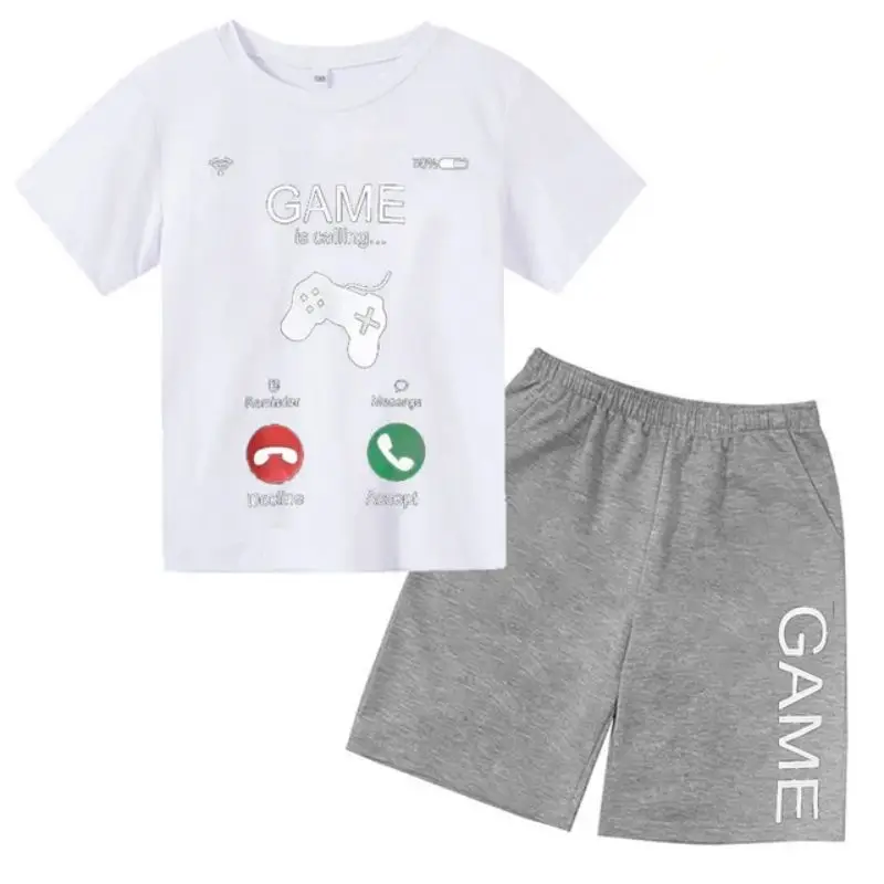 Conjunto de camiseta y pantalones cortos con estampado de máquina de juego de arte de grafiti para niños, moda de verano, informal, de manga corta, para niños y niñas