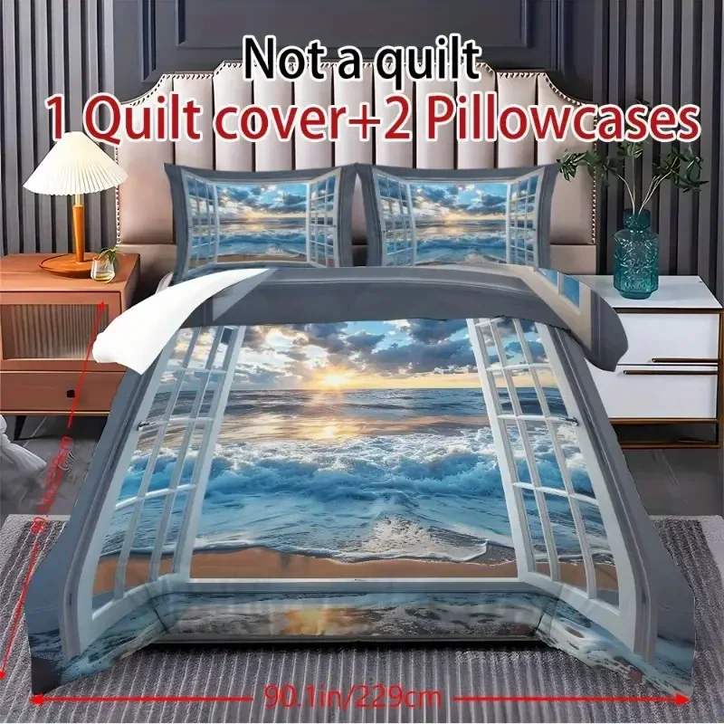 Family Vacation Orange Red Sea Star Shell Conch Beach Ocean Waves Print Soft Comfortable Bedding Set for Bedroom Dorm Room