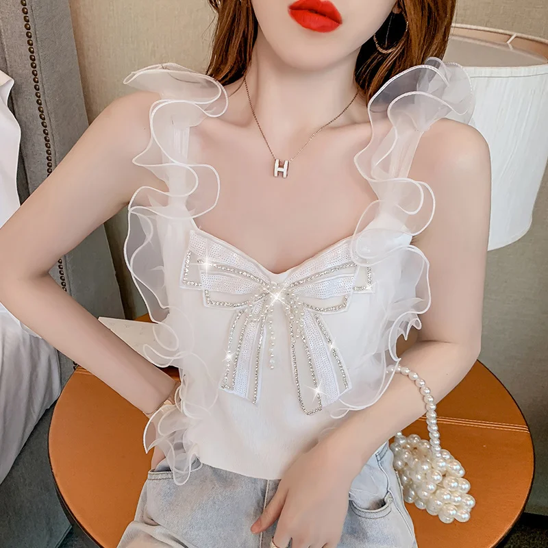 #5324 Black White Knitted Crop Top Women Tight Stretch Tank Tops Spliced Gauze Sexy Tops For Women Clubwear Bow Backless Summer