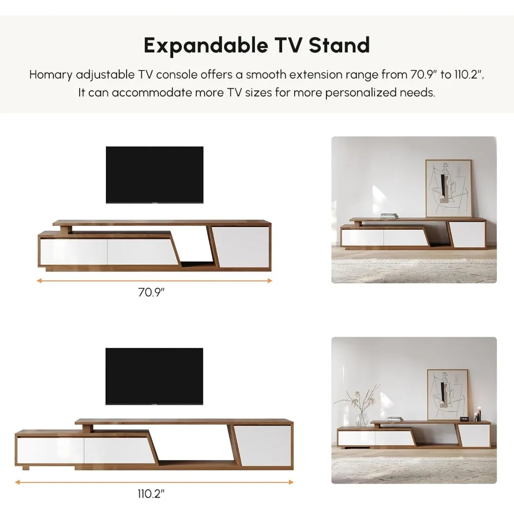 Extendable TV Stand with 3 Drawers Minimalist Rectangle Entertainment Center Walnut TV Console Table Up to 110" 3