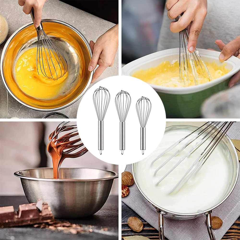 3Pcs Egg Whisk Stainless Steel Egg Beater 8/12/10inch Hand Whizzy Whisk Rustproof Hand Whisk Semi Egg Mixer Baking Tool